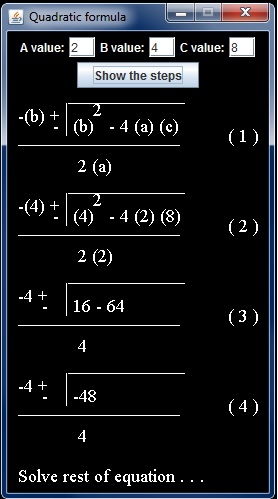 Tony's Java blog: Quadratic formula steps GUI program