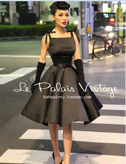 مجموعة 8 مارس Le-Palais-Vintage-Elegant-Retro-Classic-Hepburn-Silk-High-Waist-Puff-Black-dress-LPV048