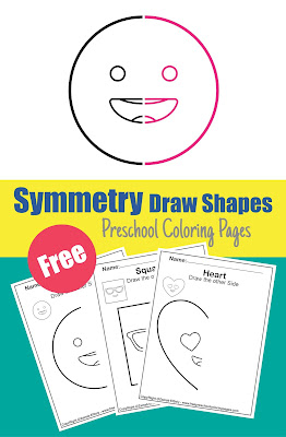 symmetry shapes faces draw the other half of the picture free printable preschool coloring pages ( circle, square,rectangle,triangle,rhombus,heart,hexagon,pentagon,oval)