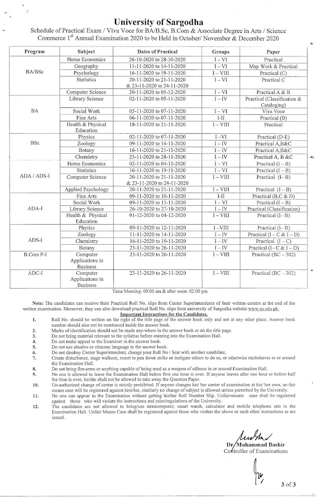 Date Sheet BA B.Sc B.Com Part.1 & 2 University of Sargodha 1st Annual 2020 Exams