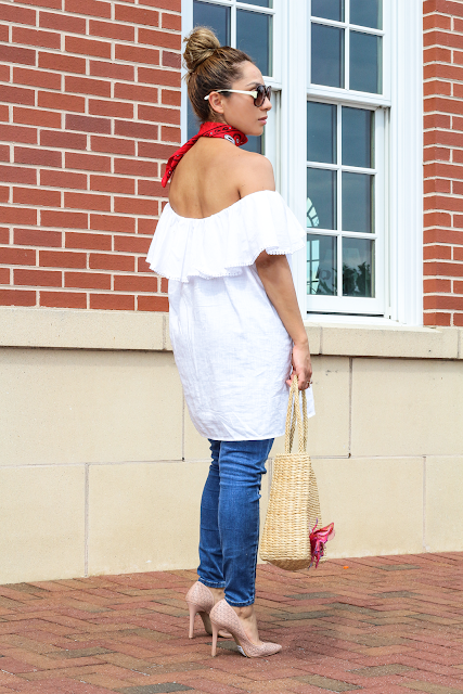 red, blue and white outfit