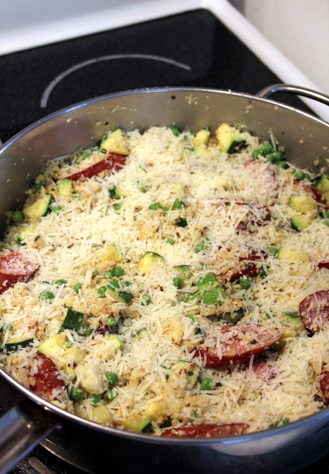 Jo and Sue Kielbasa, Zucchini, and Cauliflower Rice Skillet