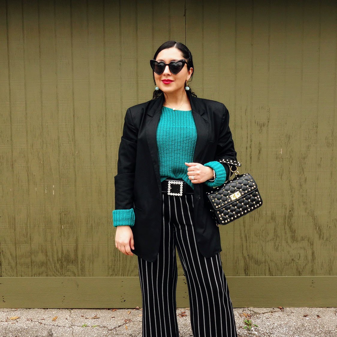 Green Sweater, Emerald Green Sweater outfit, Stripped Pants and Green Sweater Outfit, Embellished Belt 