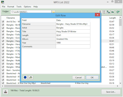 Main MP3 List window with option to edit row.