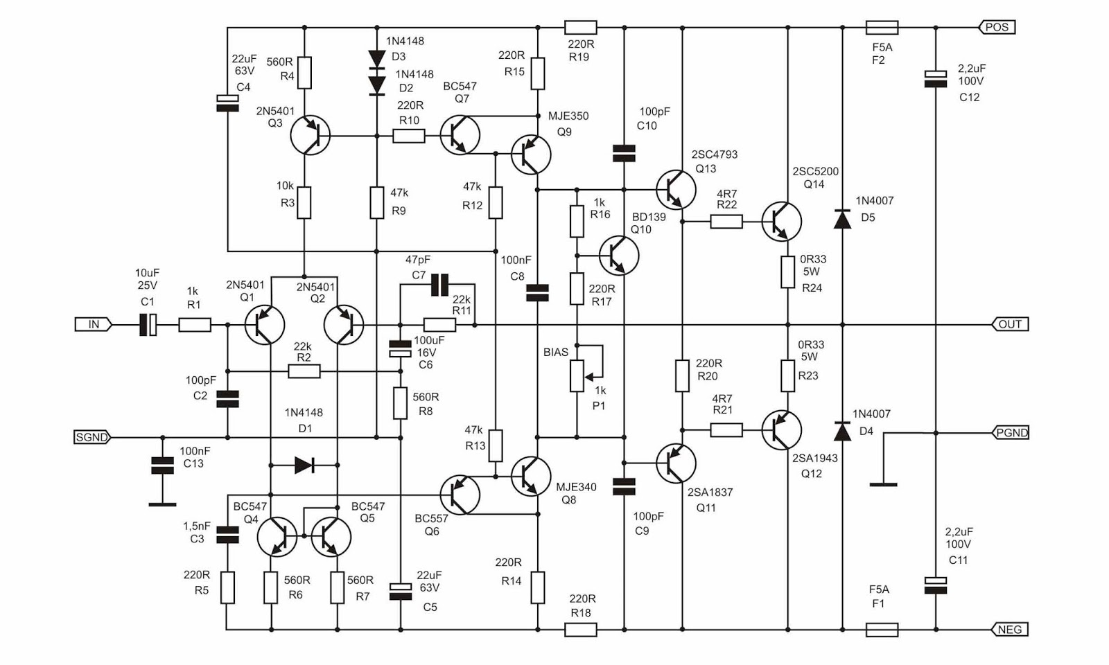 80 Watt Mono 2SC5200 2SA1943 Ultimate Fidelity Amplifier Circuit Schematic