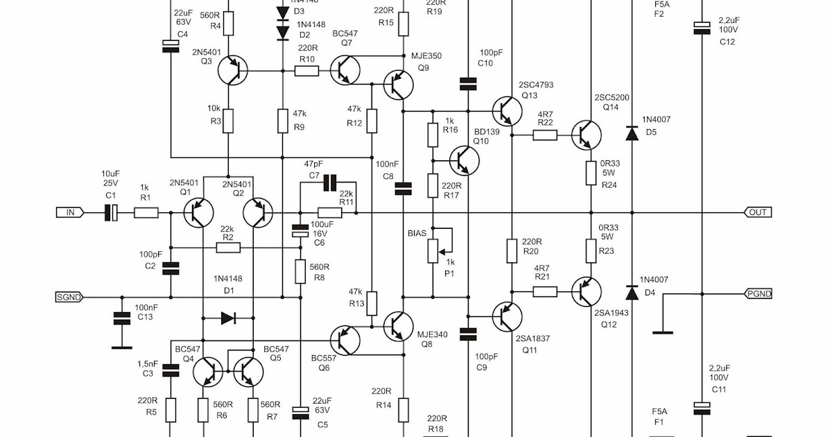 80 Watt Mono 2SC5200 2SA1943 Ultimate Fidelity Amplifier Circuit Schematic