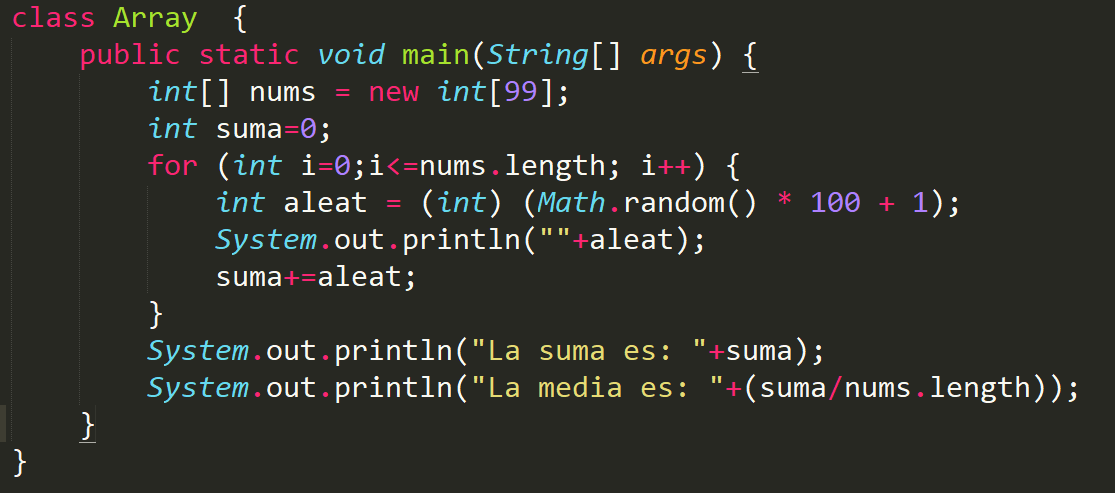 Array de números de 100 posiciones en Java (Suma y media)