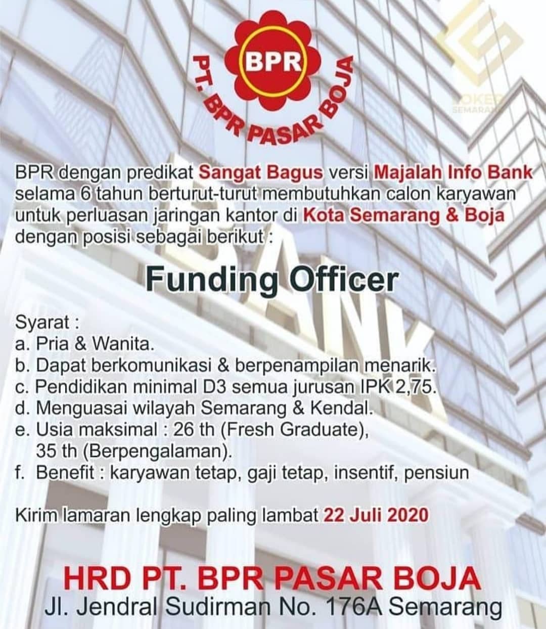 Lowongan Kerja di BPR Pasar Boja Semarang Untuk Posisi Funding Officer Lowongan Kerja di BPR Pasar Boja Semarang Untuk Posisi Funding Officer