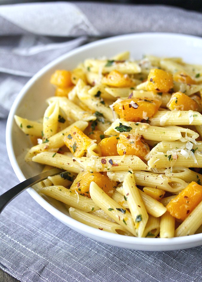 Cheesy Butternut Squash Pasta with crushed red pepper and basil Cheesy Butternut Squash Pasta with crushed red pepper and basil
