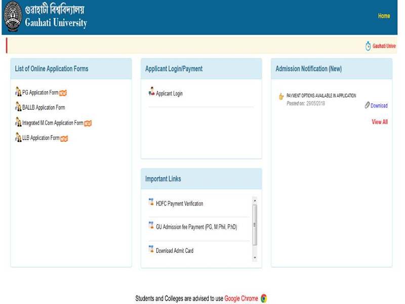 Gauhati University PG Admission Link has Open