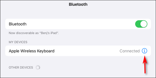 اضغط على أيقونة المعلومات في أجهزتي على Bluetooth في إعدادات iPad
