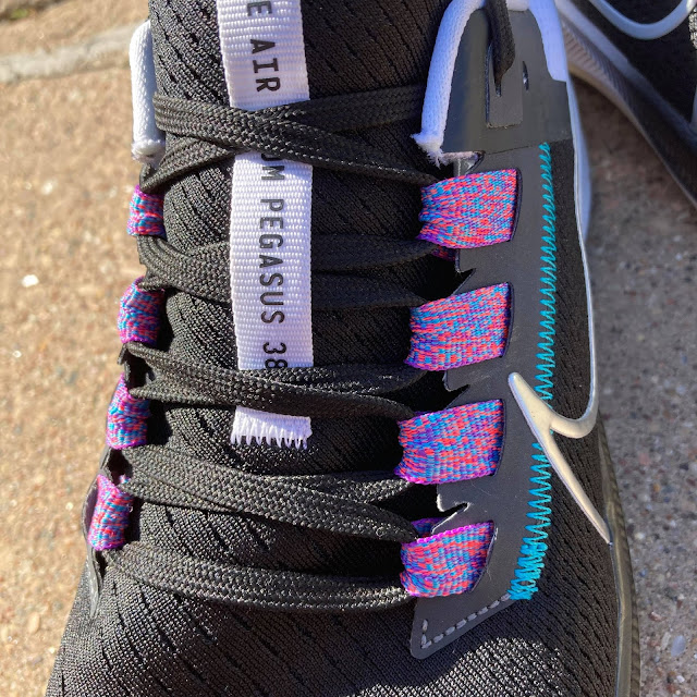 Up close on the tongue and laces of the Nike Pegasus 38