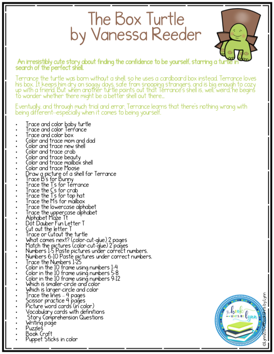 THE BOX TURTLE BOOK UNIT AND CRAFT Book Units by Lynn