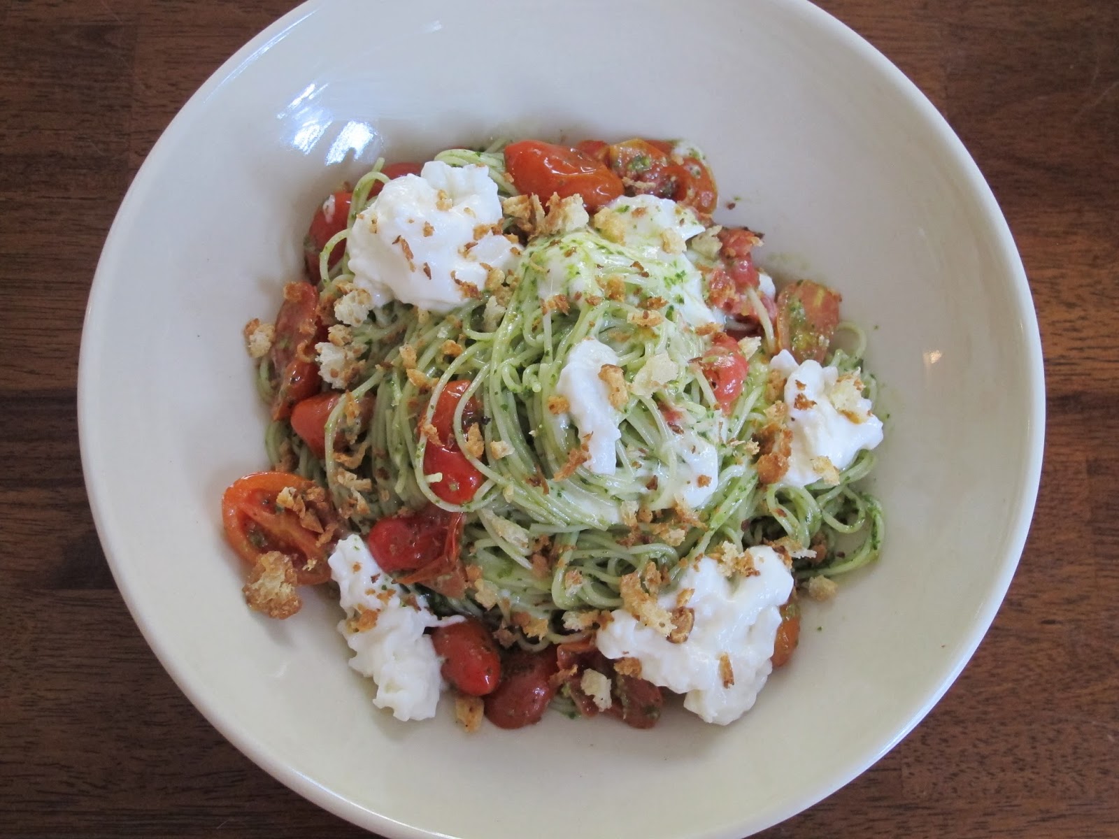 Kitchen Sink Diaries Pesto Pasta with Tomatoes, Burrata, & Breadcrumbs