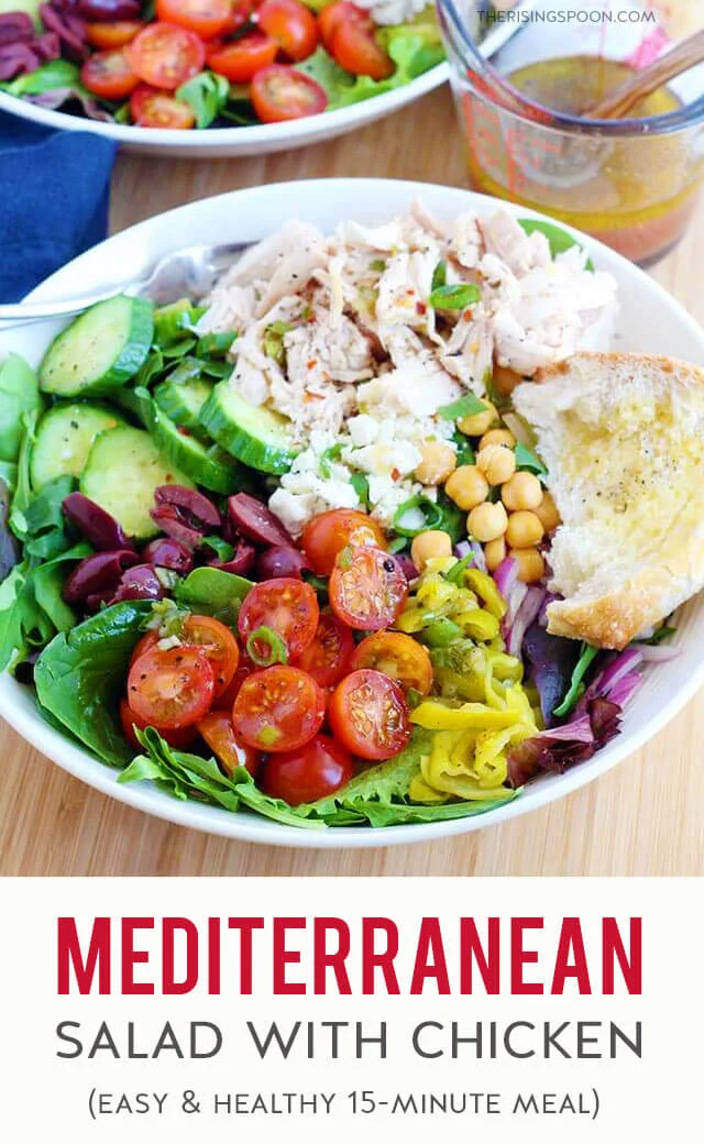 An easy Mediterranean salad made with leafy greens, salty feta cheese, protein-packed chickpeas, briny olives, fresh chopped veggies, and shredded rotisserie chicken, then topped with a tangy red wine vinaigrette. Fix this for a quick lunch or dinner in about 15 minutes or prep it ahead of time for a simple & healthy meal.