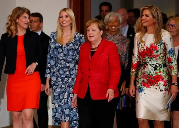 Queen Maxima, President Stephanie Bschorr, Ivanka Trump, Angela Merkel attend the W20 conference. Queen Maxima wore Natan Dress