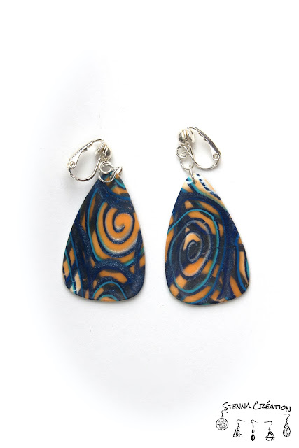 Boucles d'oreilles pâte polymère Canne Spirale bleu orange Fimo Stenna Création