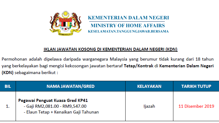 Jawatan Kosong Di Kementerian Dalam Negeri Tarikh Tutup 11 Disember 2019 Jawatan Kosong Kerajaan 2020 Terkini