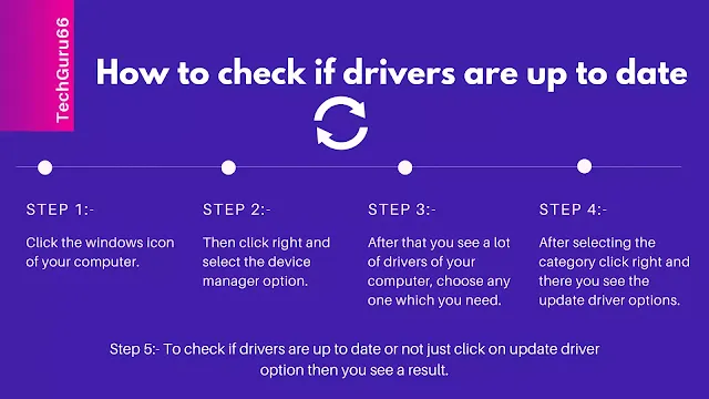 Step 1:- Click the windows icon of your computer. Step 2:- Then click right  and select the device manager option. Step 3:- After that you see a lot of drivers of your computer, choose any one which you need. Step 4:- After selecting the category click right and there you see the update driver options. Step 5:- To check if drivers are up to date or not just click on update driver option then you see a result.