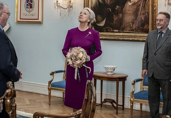 Danish Order of Freemasons. Princess Benedikte of Denmark wore a burgundy midi dressi and gold vintage crown trifari bough rhinestone brooch