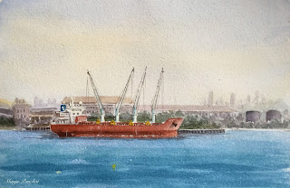 Watercolor painting of a cargo ship at New Mangalore Port