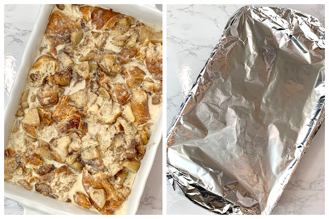 Uncooked bread pudding in baking dish and a foil covered rectangular baking dish