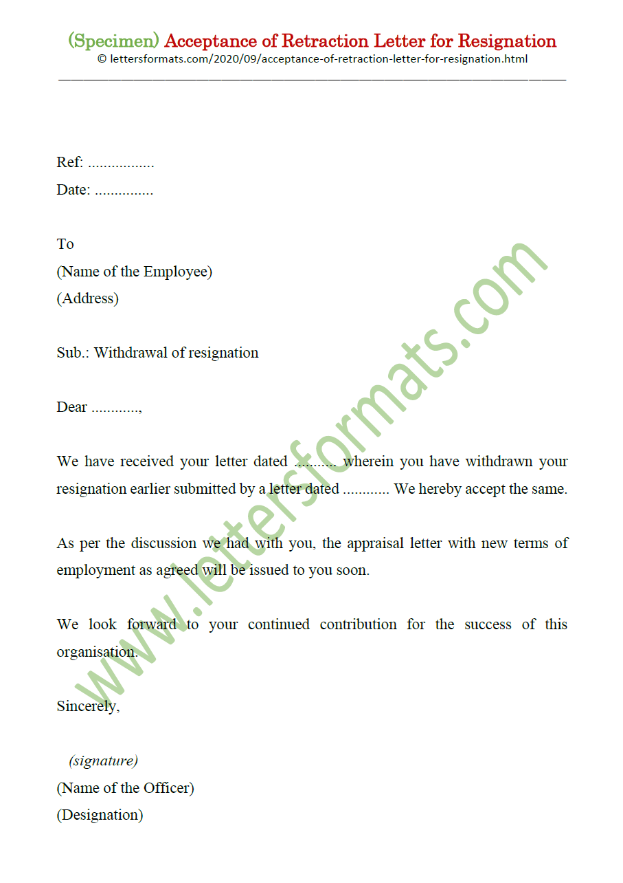 Sample Acceptance Of Retraction Letter For Resignation