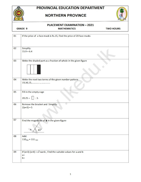 Grade 9 - Maths - Placement Examination - 2021 - Northern Province