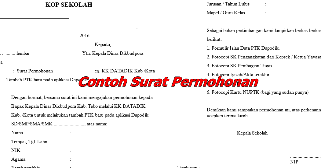 Contoh Surat Permohonan Penambahan PTK Data Dapodik 2016 