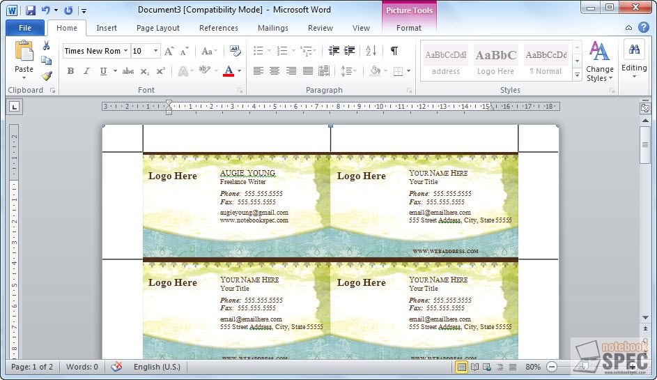 Make your own business cards with Microsoft Office Word 2010. Ormnarch iT