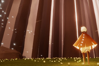 Screenshot from Sky, showing a caped avatar in a forest