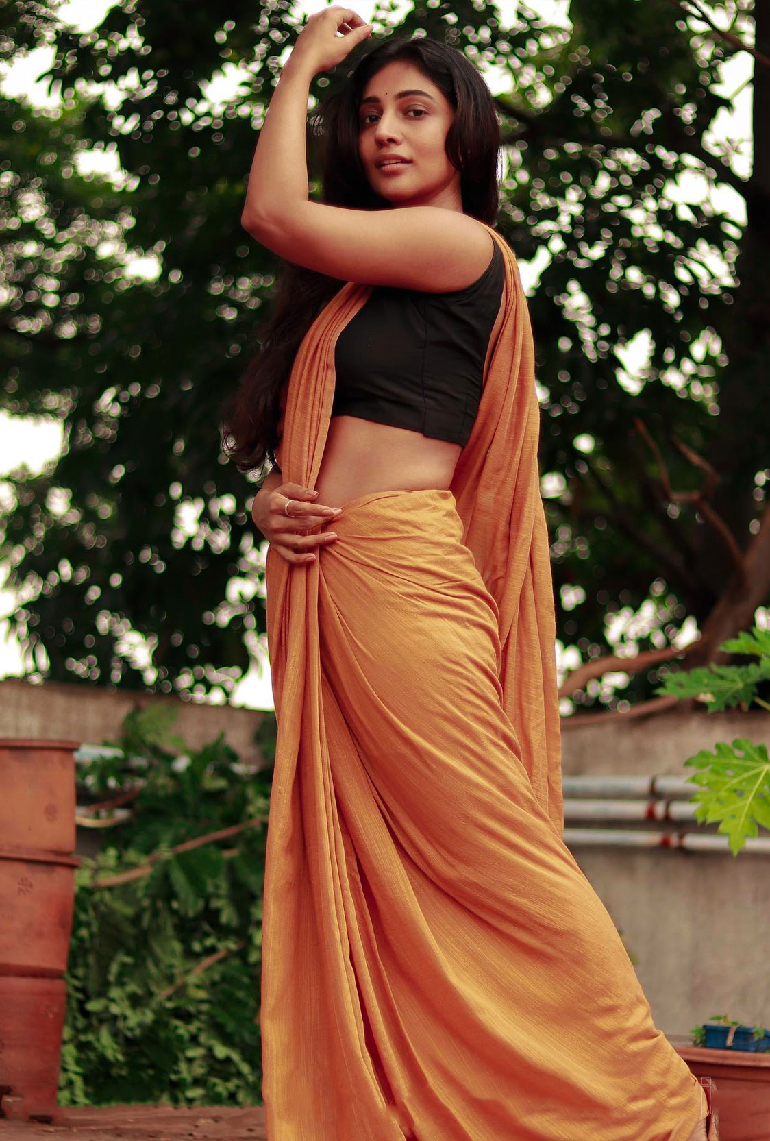 Bommu Lakshmi In orange cotton Saree Hot Photos