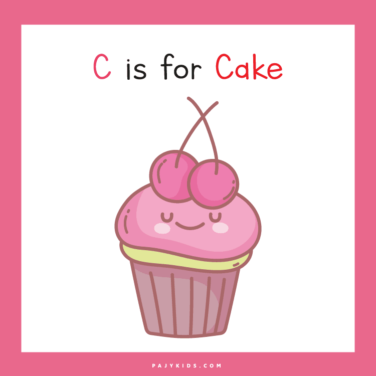 بطاقة التعليمية لشكل حرف c للاطفال والتى تساعد في التعرف على شكل حرف C مع التدريب على كلمة Cake.