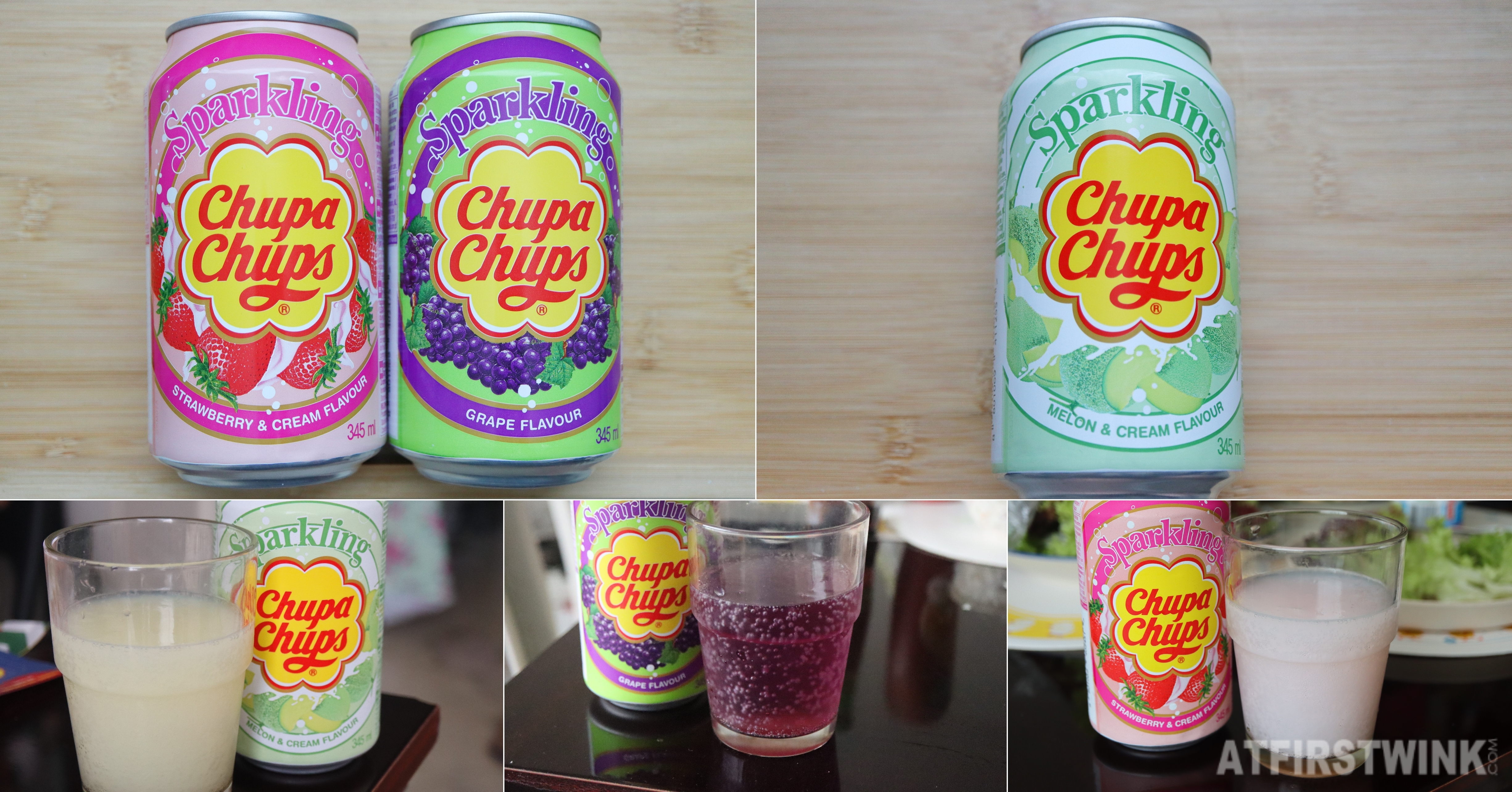 Review Chupa Chups sparkling soda in the flavors grape, melon and cream, and strawberry and cream