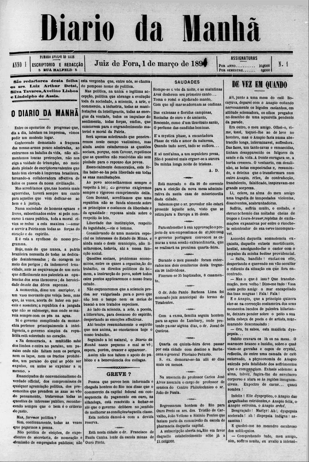 Jornal DIÁRIO DA MANHÃ de 1891