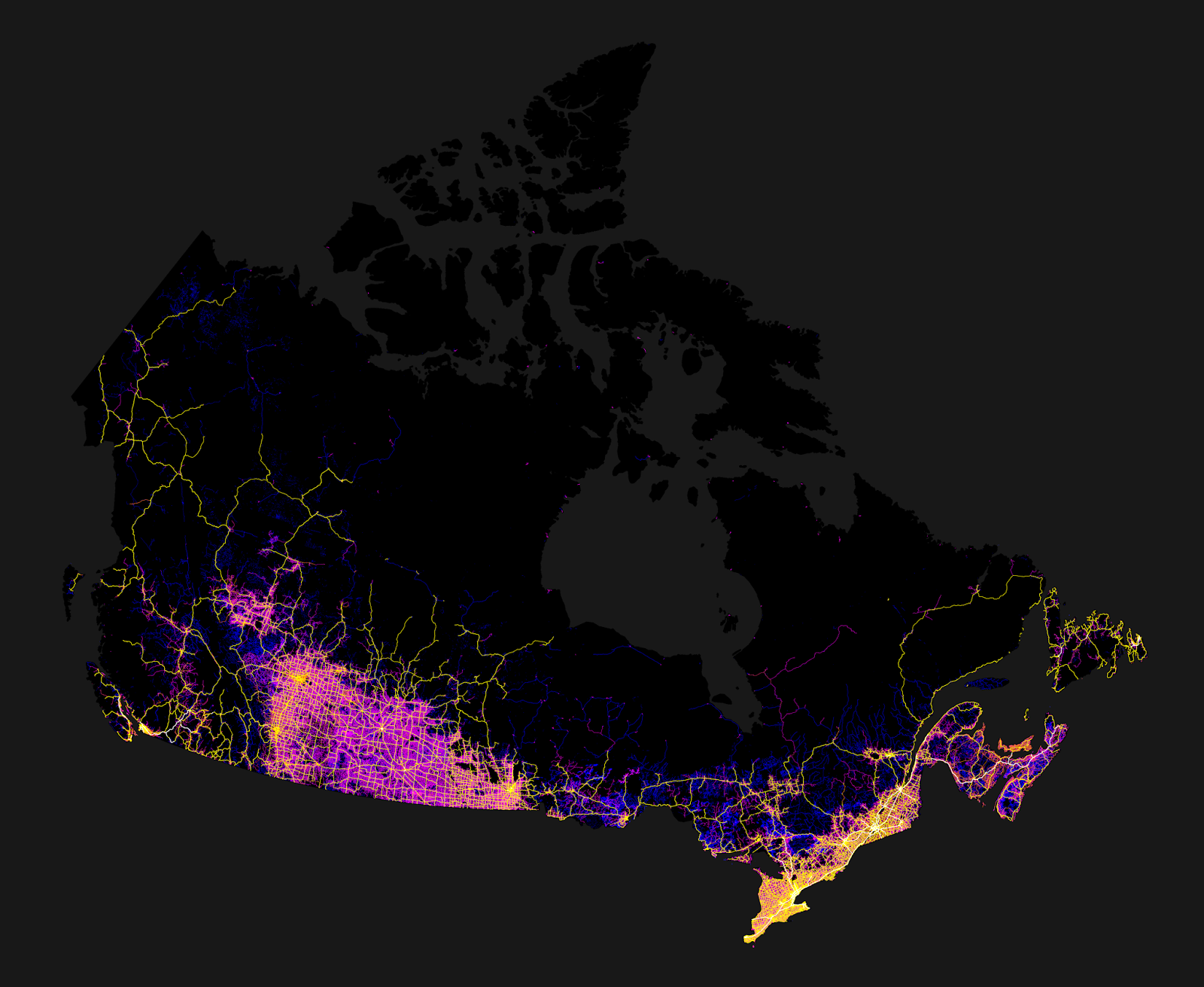 The Canada mapped only by roads, highways & dirt trails