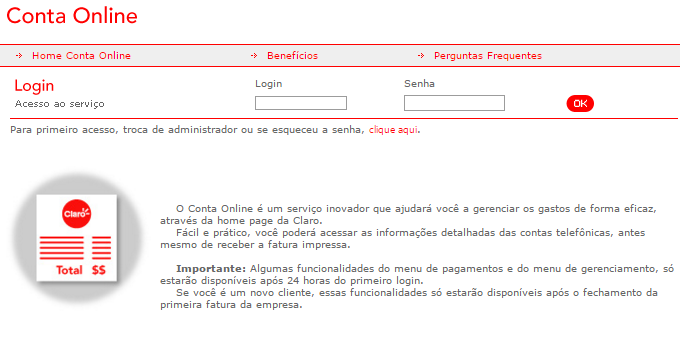 Tela do login para acesso ao serviço Conta Online Claro Empresas