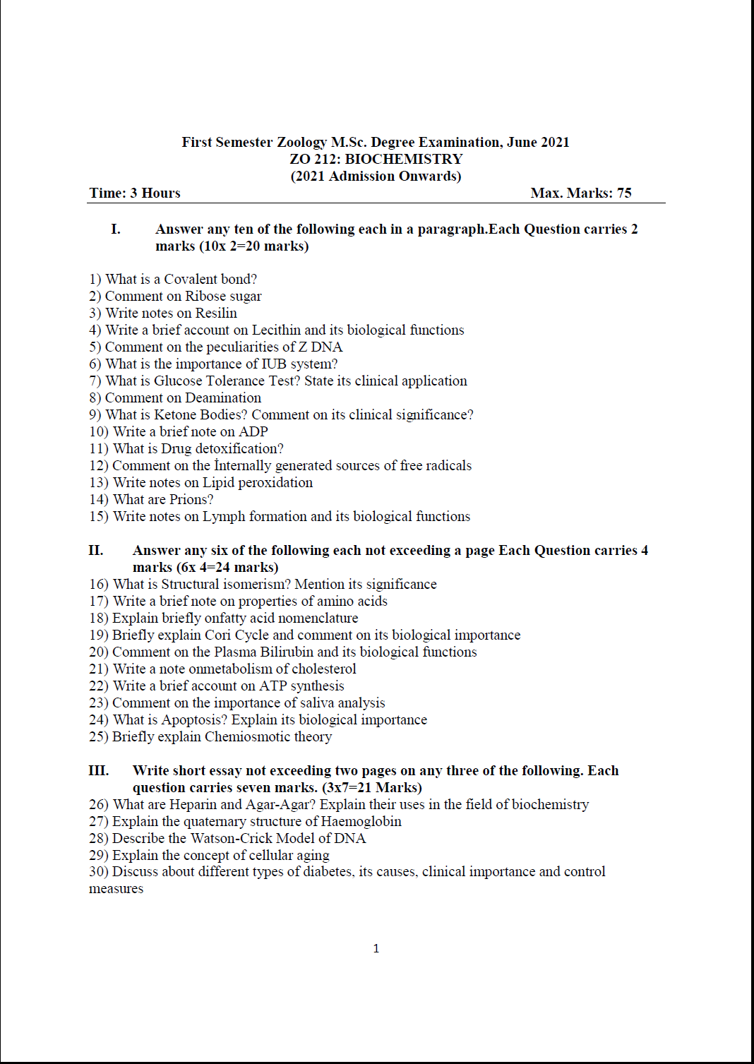 Kerala University MSc Biochemistry June 2021 Question Paper ...