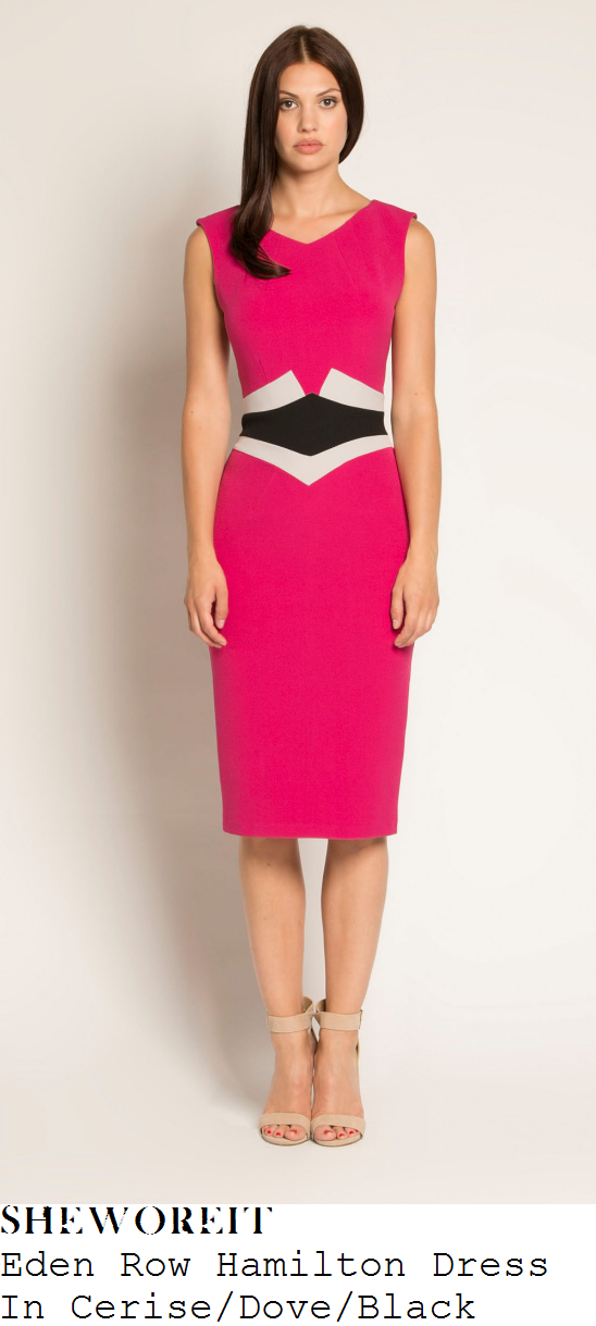 susanna-reid-eden-row-hamilton-bright-cerise-pink-dove-grey-and-black-colour-block-waist-detail-sleeveless-pencil-dress