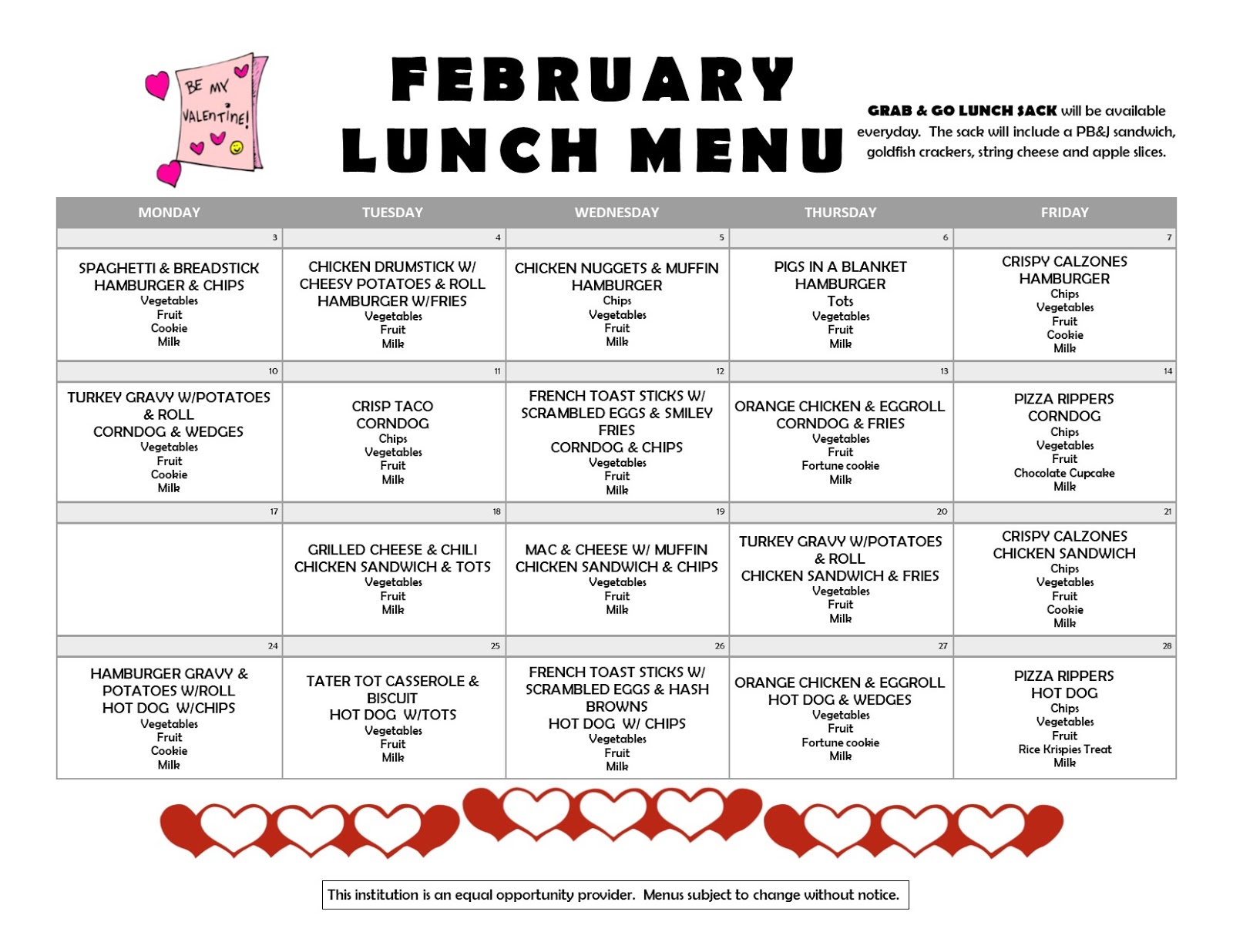 Fielding Elementary School....Home of the Panthers Monthly and Weekly Menu