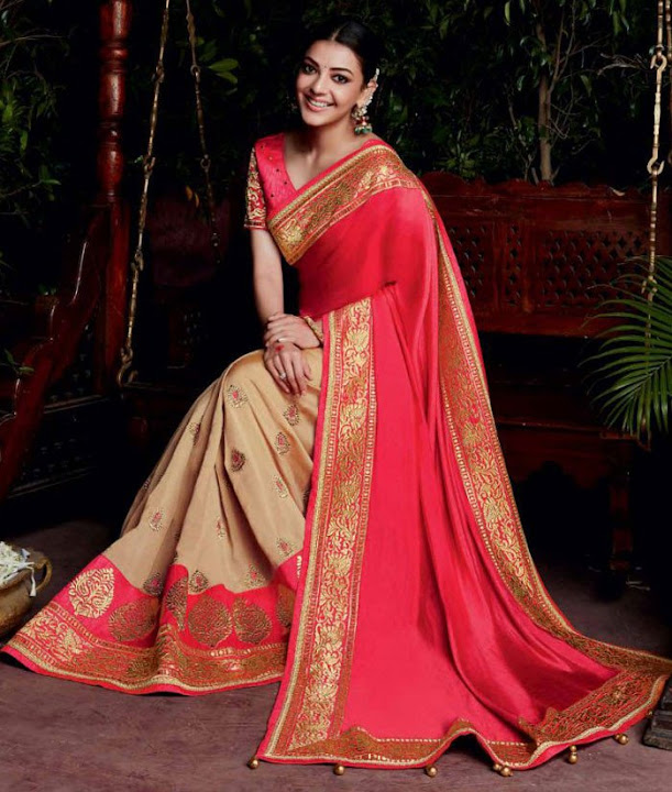 Kajal Aggarwal Beige and Punch Pink Saree