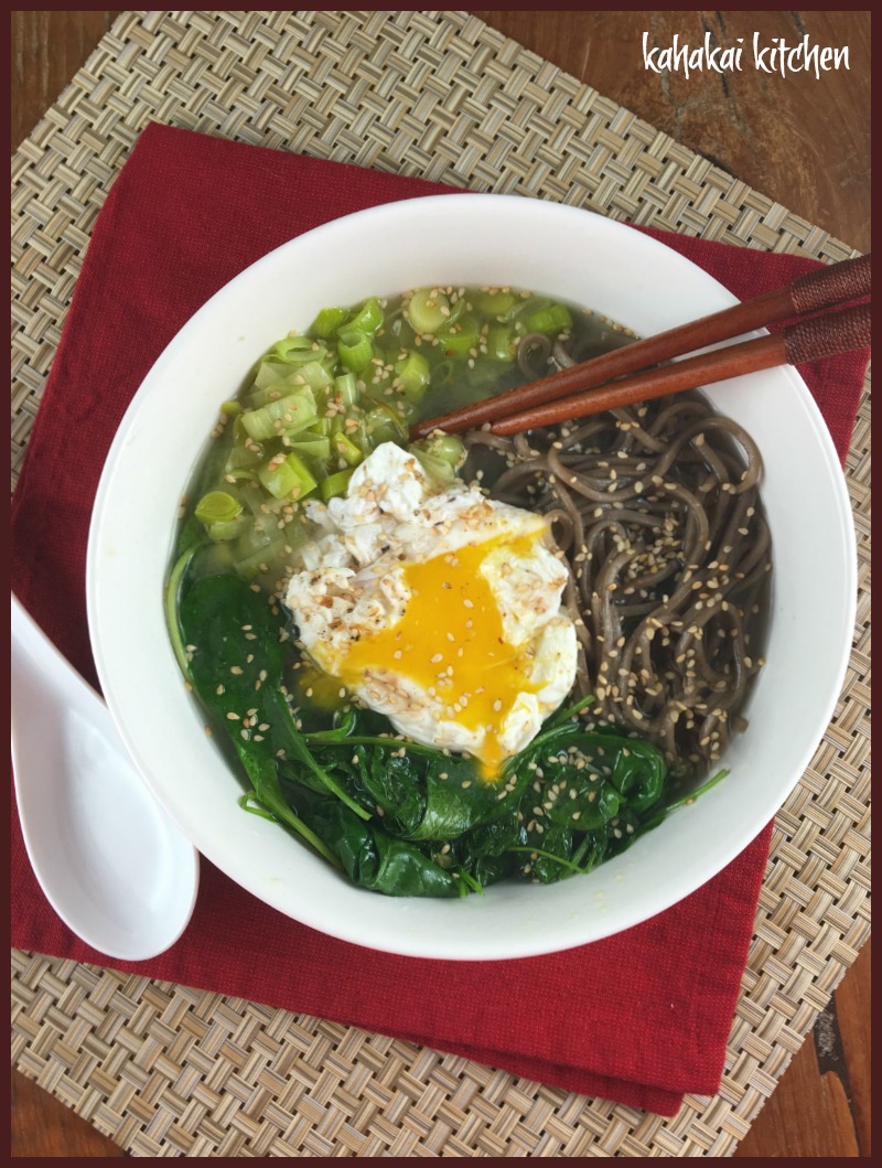 Kahakai Kitchen Lemongrass Miso Soup with Soba Noodles and Poached Egg