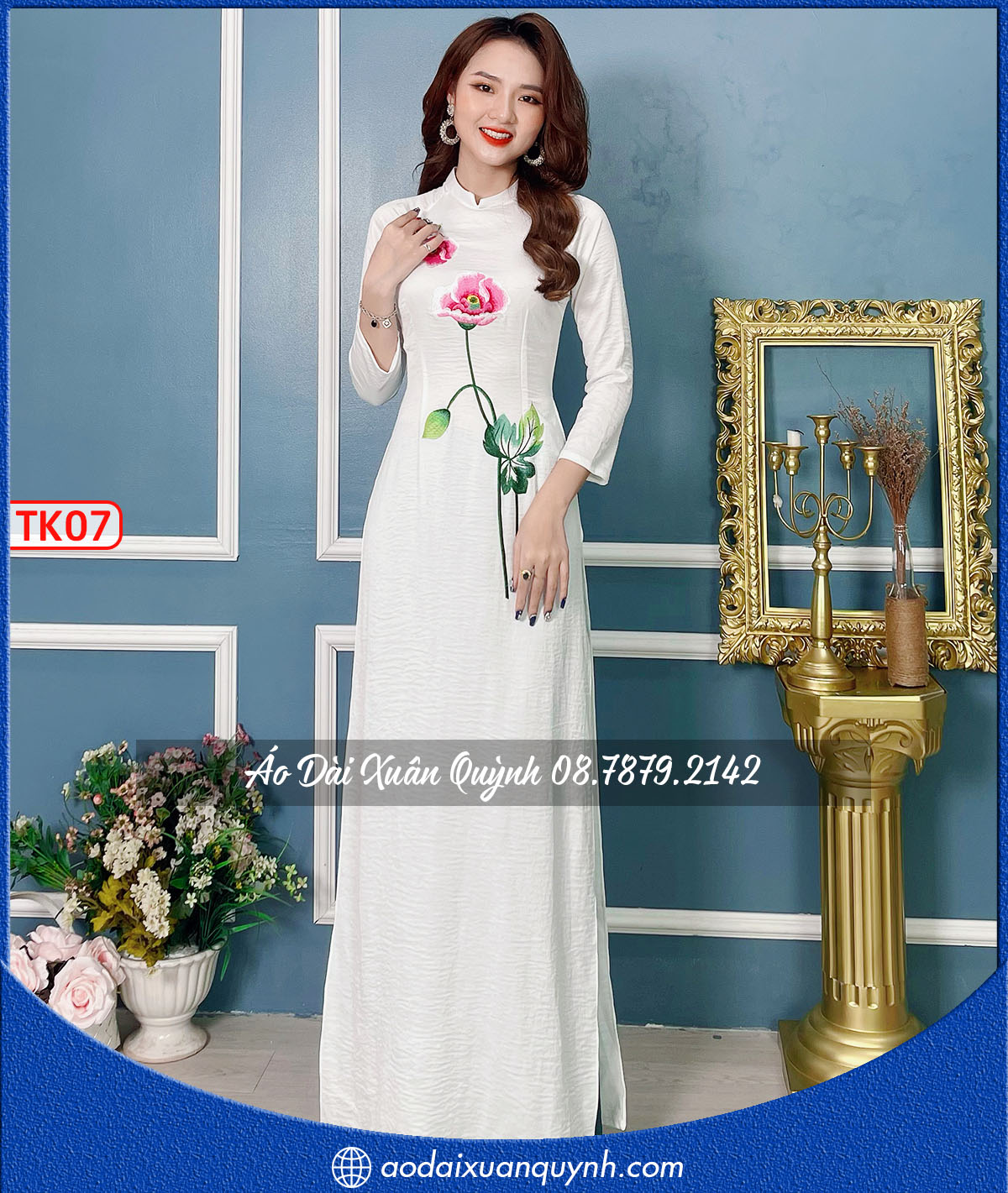 Áo dài trắng hoa Cẩm Lan thêu cao cấp - lụa Tây Thi TK07