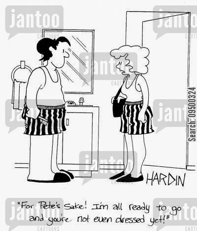 Joke, Humor Cartoon on wife getting ready.