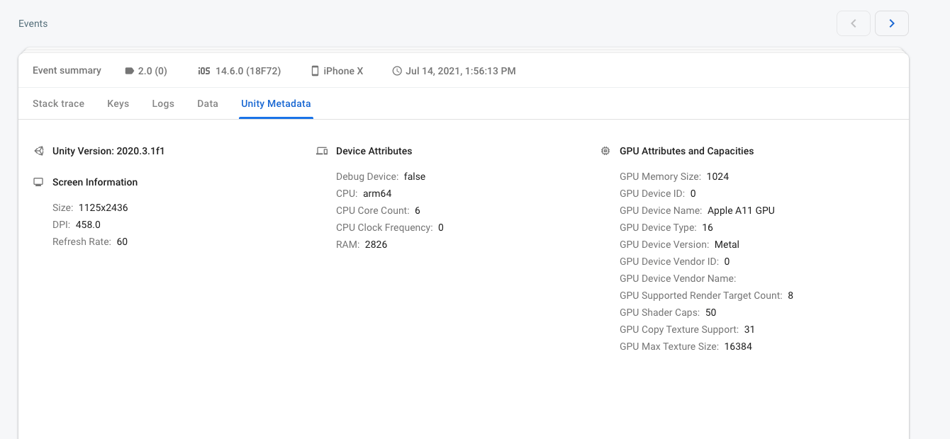 Unity metadata in Crashlytics console