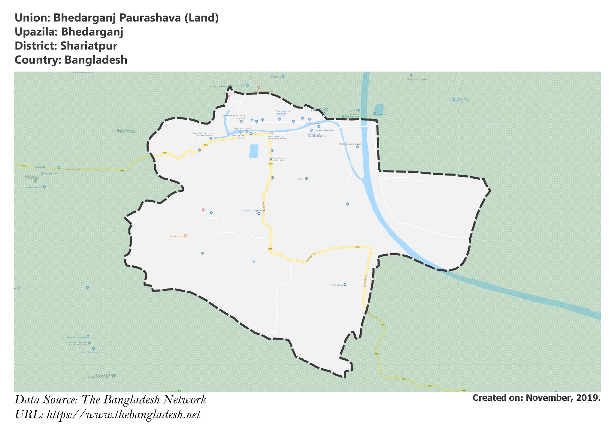 Map of Bhedarganj Paurashava of Shariatpur, Bangladesh.
