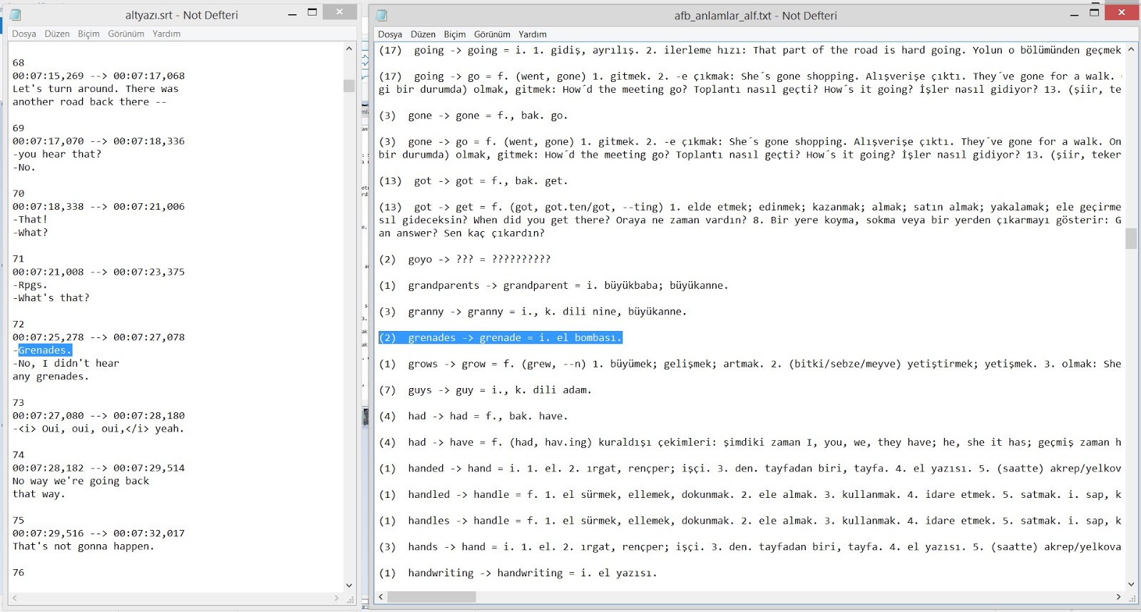 ingilizce altyazidan kelimelerin