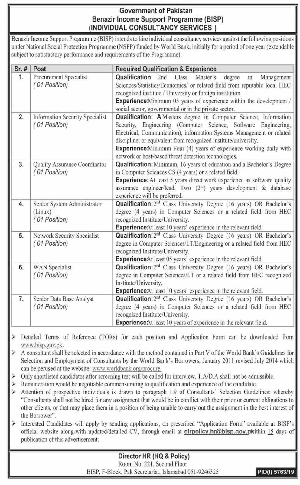 Benazir Income Support Programme jobs 2020