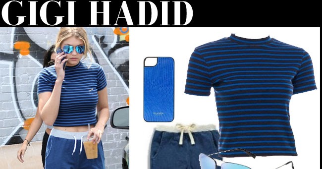 Gigi Hadid in blue stripe crop top and blue sweats in Los ...