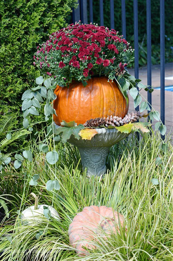 Fall Outdoor Pumpkin Planter in the garden